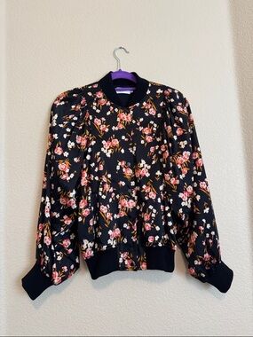 ALC Kelley Black Floral Silk Bomber Jacket in Hanna Print
